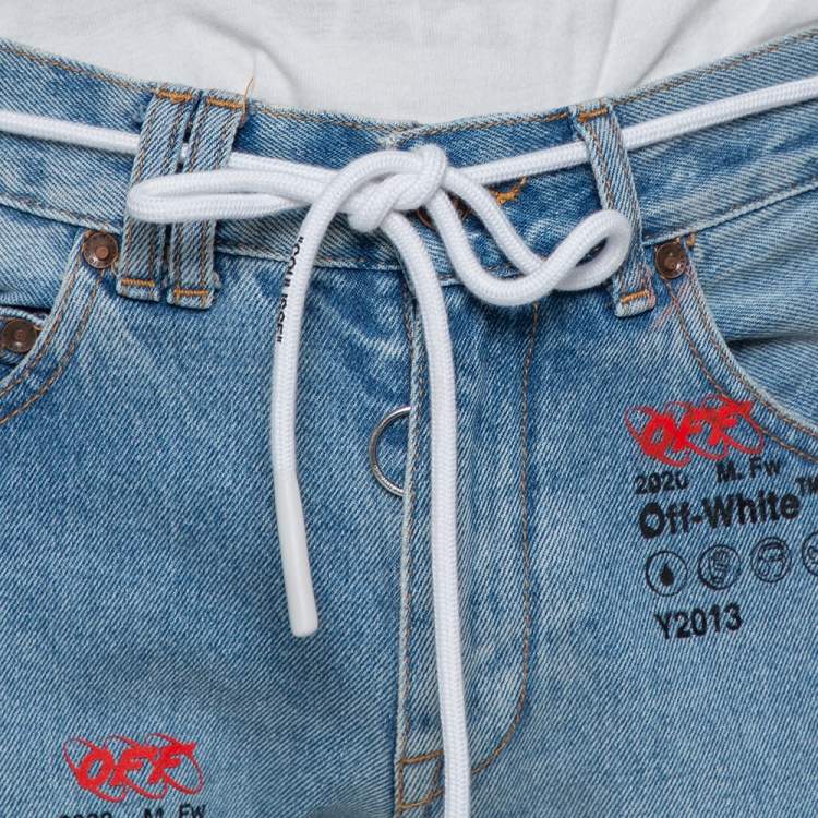 Pre Owned Off White Blue Denim Logo Printed Drawstring Detail Cargo Jeans M