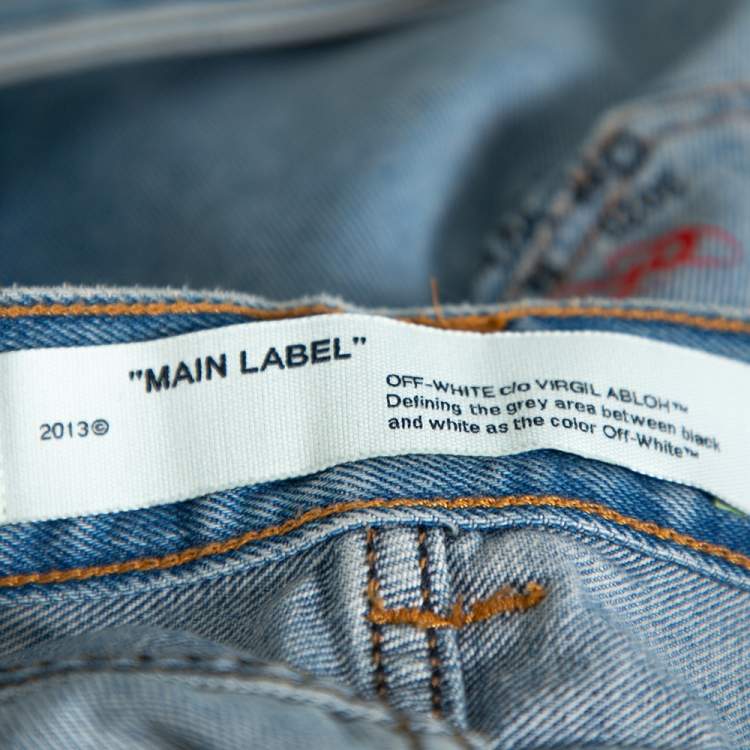 Pre Owned Off White Blue Denim Logo Printed Drawstring Detail Cargo Jeans M