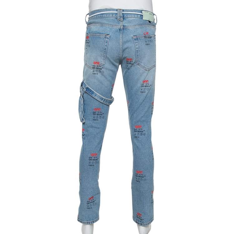 Pre Owned Off White Blue Denim Logo Printed Drawstring Detail Cargo Jeans M
