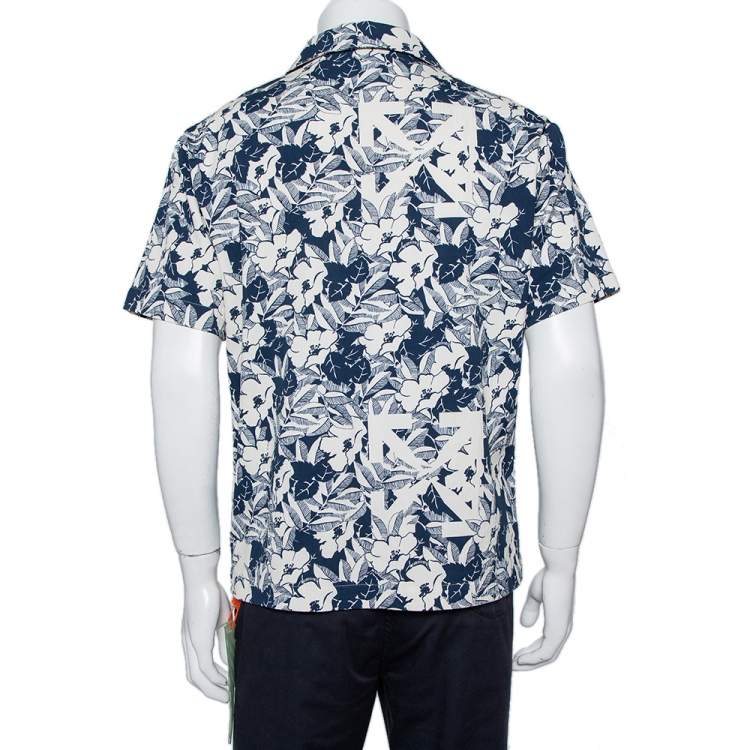 Pre Owned Off White Navy Blue & White Textured Cotton Button Front Holiday Shirt M
