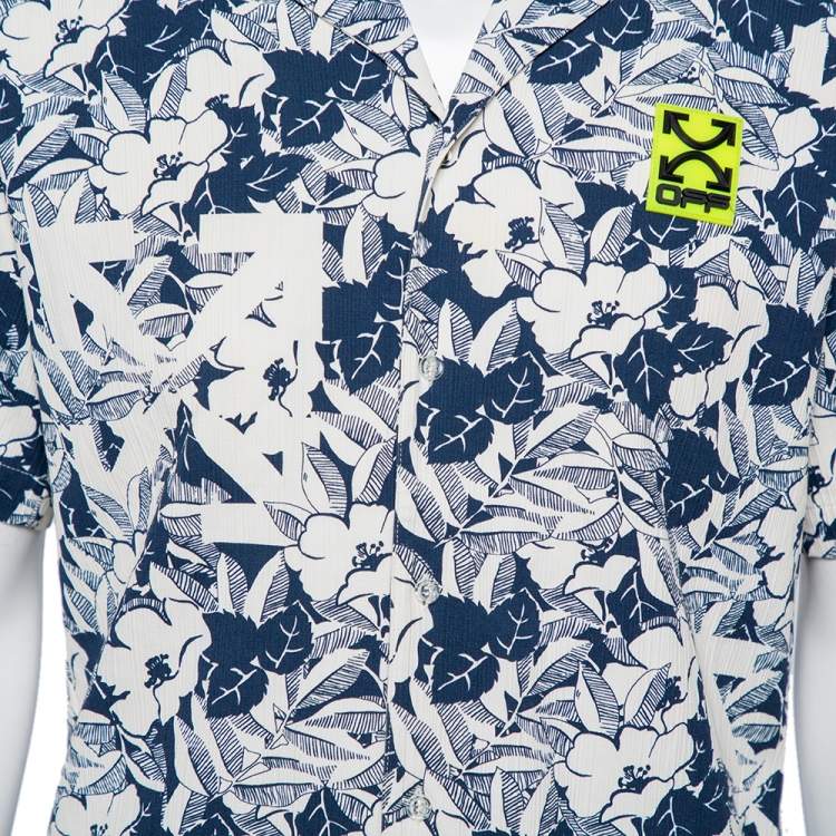 Pre Owned Off White Navy Blue & White Textured Cotton Button Front Holiday Shirt M