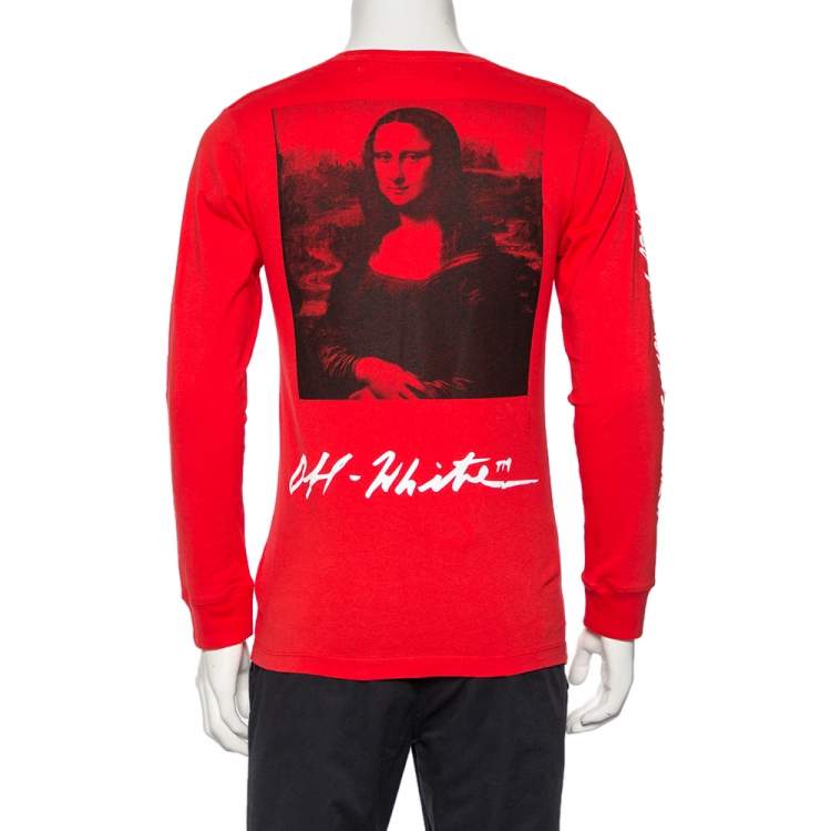 Pre Owned Off-White Red Cotton Monalisa Printed Long Sleeve T-Shirt S