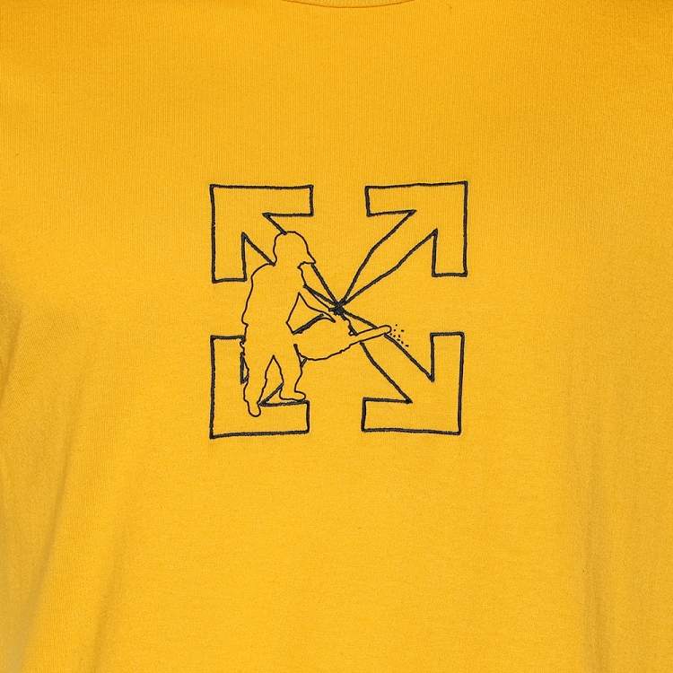 Pre Owned Off-White Yellow Cotton Logo Worker Embroidered Crewneck T-Shirt M
