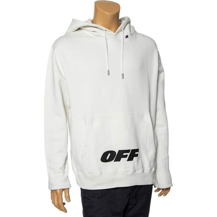 Pre Owned Off-White Ivory Cotton Logo Print Hooded Sweatshirt L