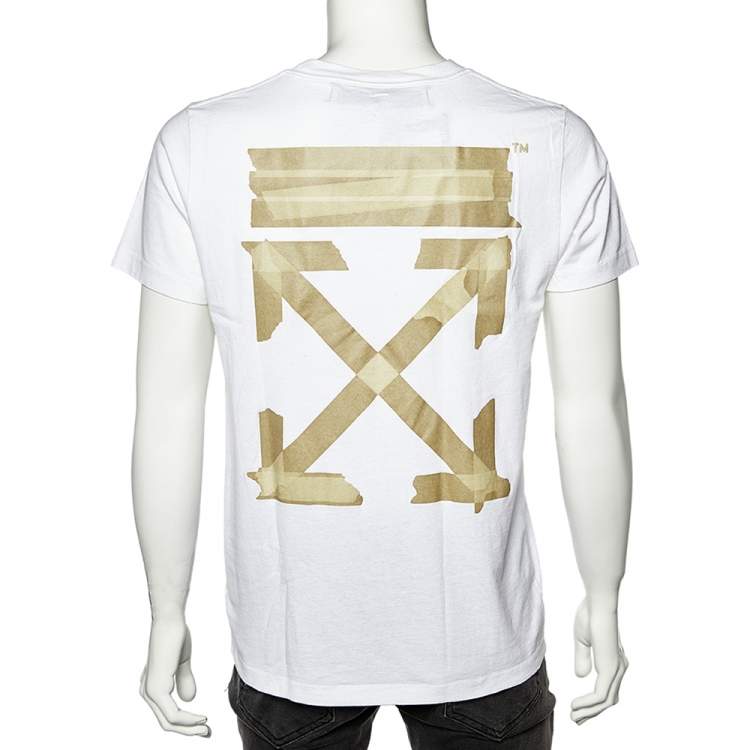 Pre Owned Off-White White Cotton Knit Logo Tape Printed Crewneck T-Shirt S