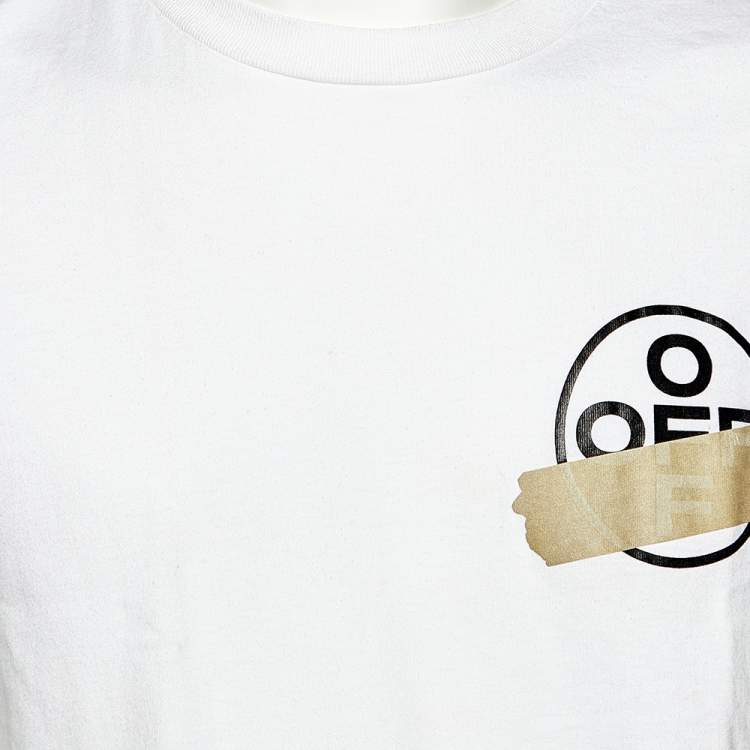 Pre Owned Off-White White Cotton Knit Logo Tape Printed Crewneck T-Shirt S