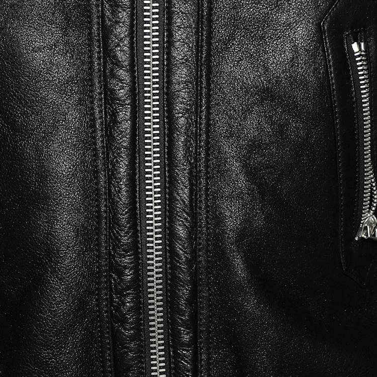 Pre Owned Off-White Black Leather Double Collar Shearling Biker Jacket M