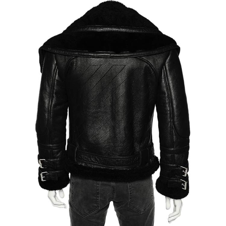 Pre Owned Off-White Black Leather Double Collar Shearling Biker Jacket M