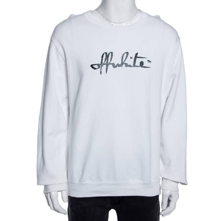 Pre Owned Off-White White Logo Printed Cotton Knit Sweater L