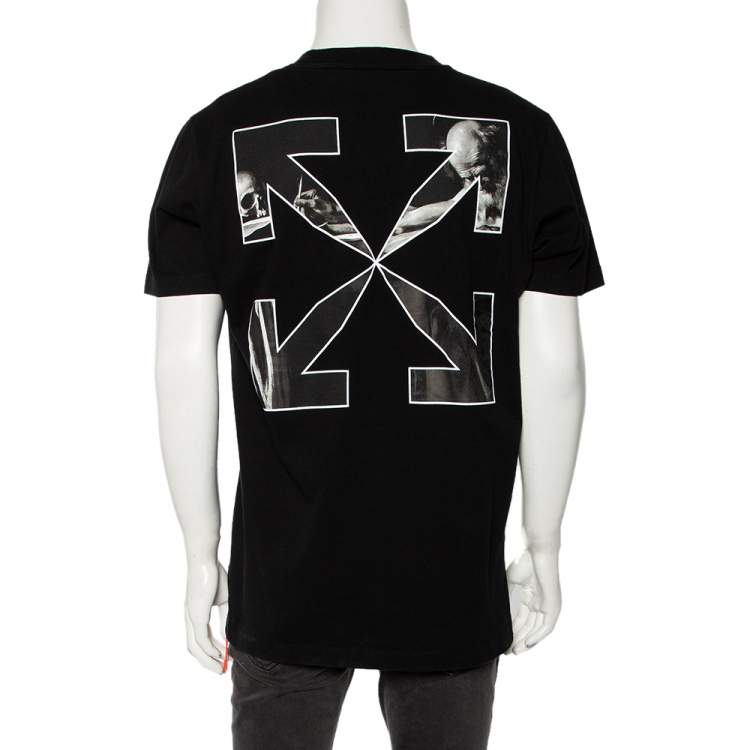Pre Owned Off-White Black Cotton Logo Printed Short Sleeve Crewneck T-Shirt L