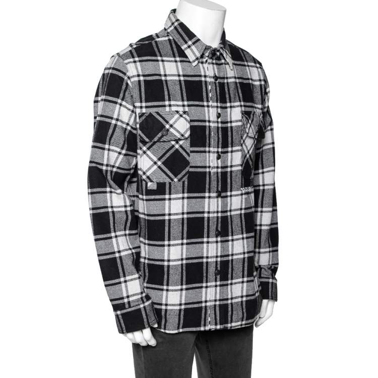 Pre Owned Off-White Monochrome Checkered Flannel Quoted Button Front Shirt L