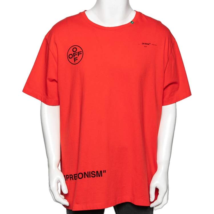 Pre Owned Off-White Red Logo Printed Cotton Oversized T-Shirt M 