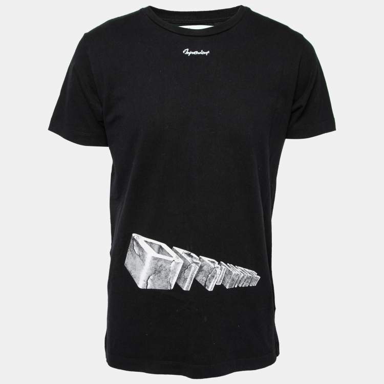 Pre Owned Off-White Black Print Cotton Crew Neck T-Shirt M