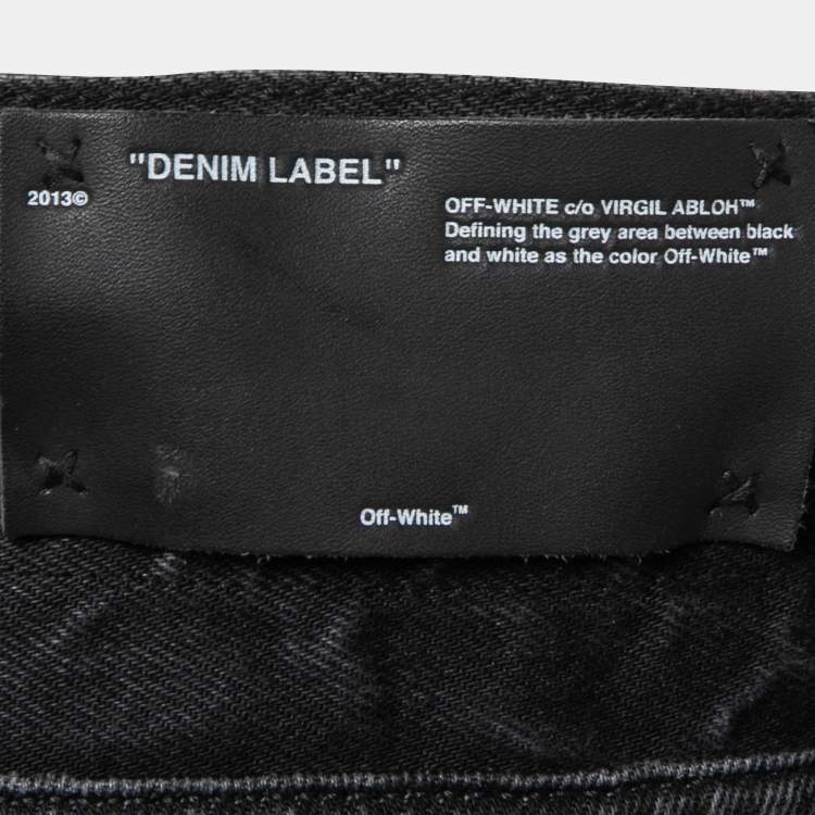 Pre Owned Off-White Black Distressed Denim Logo Print Jeans M Waist 32"