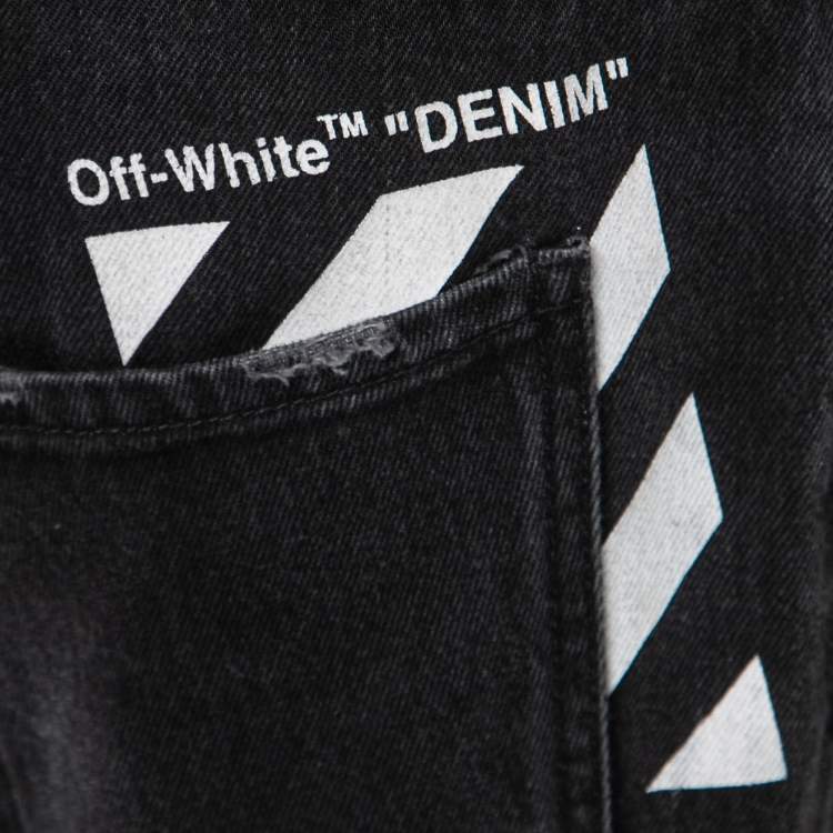 Pre Owned Off-White Black Distressed Denim Logo Print Jeans M Waist 32"