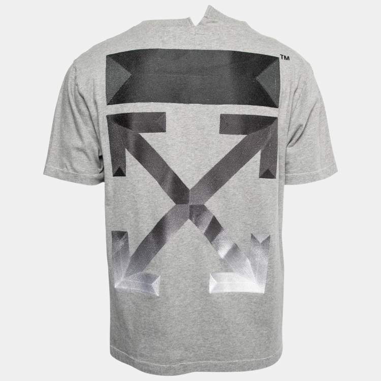 Pre Owned Off-White Grey Cotton Logo Embroidered Asymmetric Hemline T-Shirt L