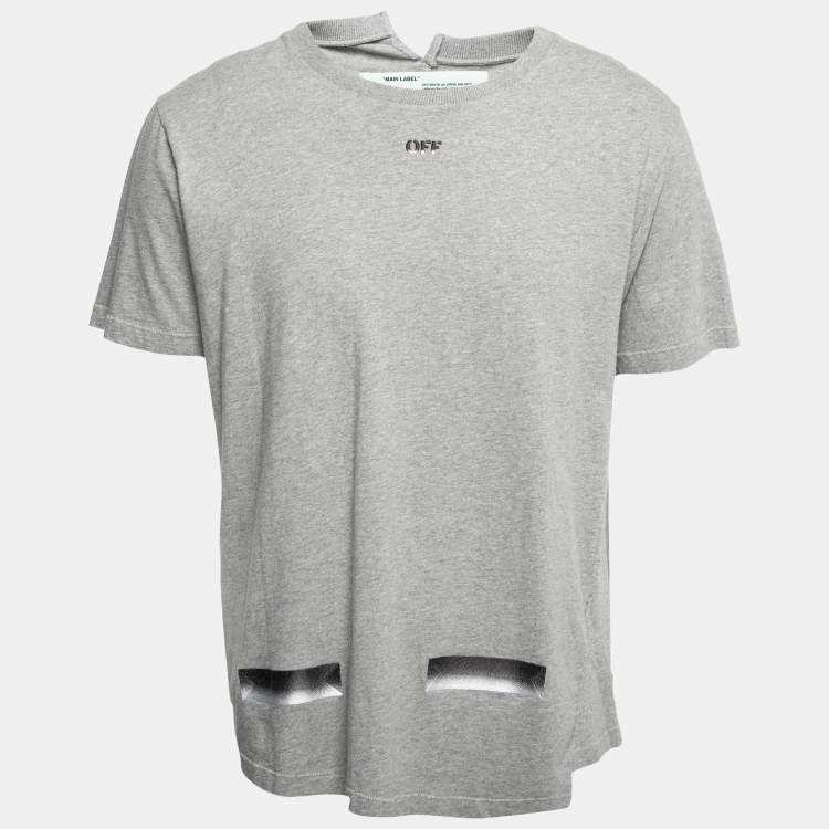 Pre Owned Off-White Grey Cotton Logo Embroidered Asymmetric Hemline T-Shirt L