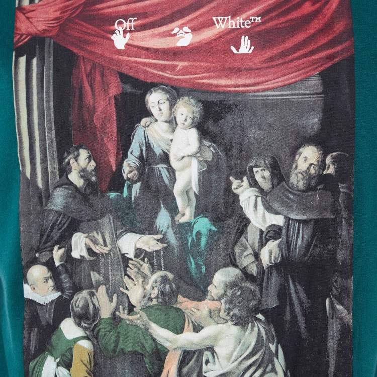 Pre Owned Off-White Green Caravaggio Printed Cotton Crewneck T-Shirt S