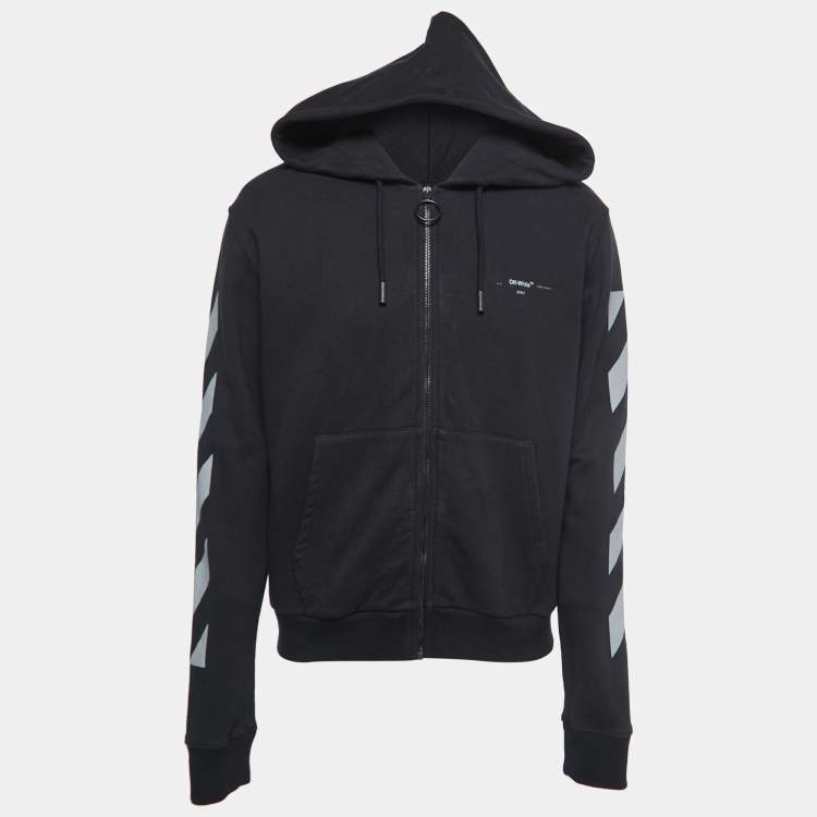 Pre Owned Off-White Black Printed Cotton Zip Front Hooded Jacket M