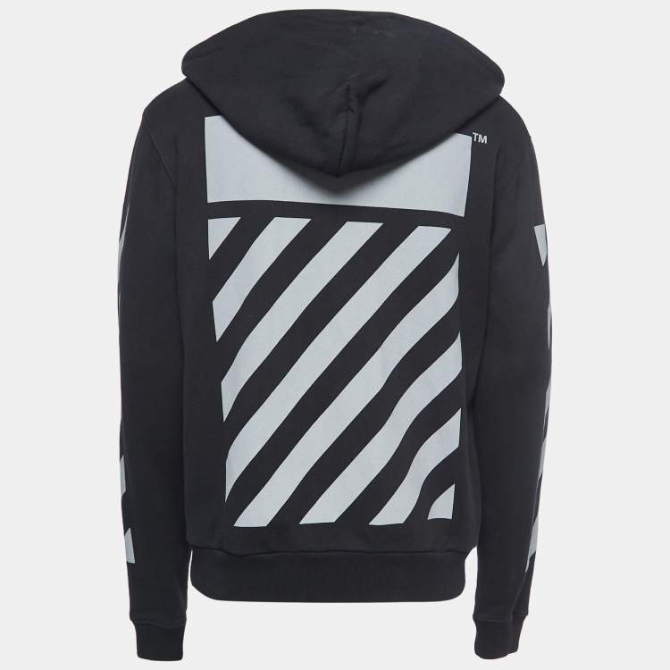 Pre Owned Off-White Black Printed Cotton Zip Front Hooded Jacket M