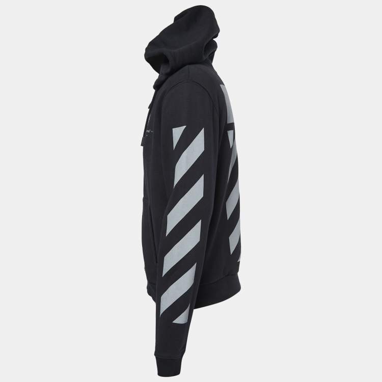 Pre Owned Off-White Black Printed Cotton Zip Front Hooded Jacket M