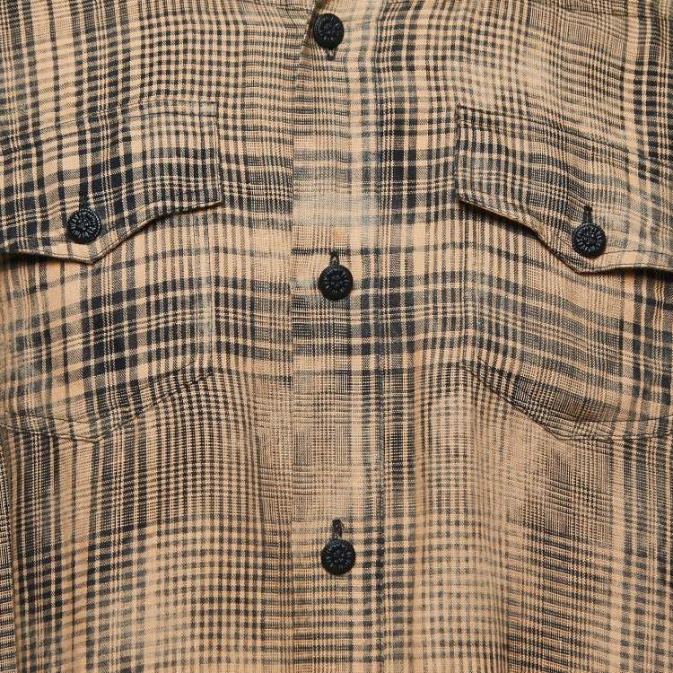 Pre Owned Off-White Beige Plaid Linen Button Front Full Sleeve Shirt M