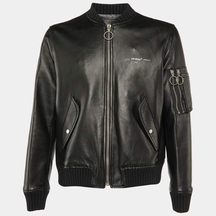Pre Owned Off-White Black Leather Varsity Bomber Jacket L
