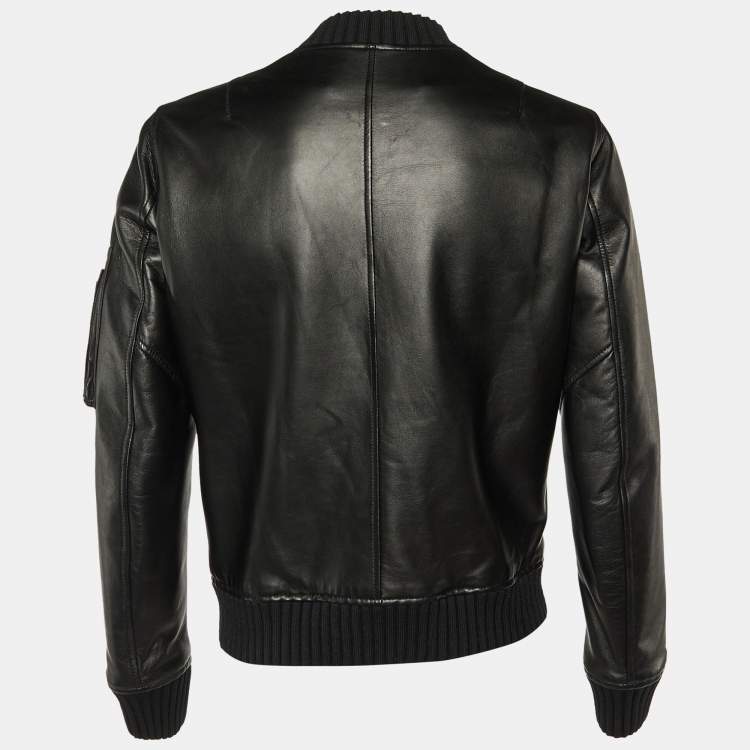 Pre Owned Off-White Black Leather Varsity Bomber Jacket L