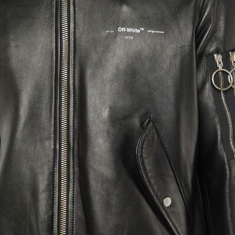 Pre Owned Off-White Black Leather Varsity Bomber Jacket L