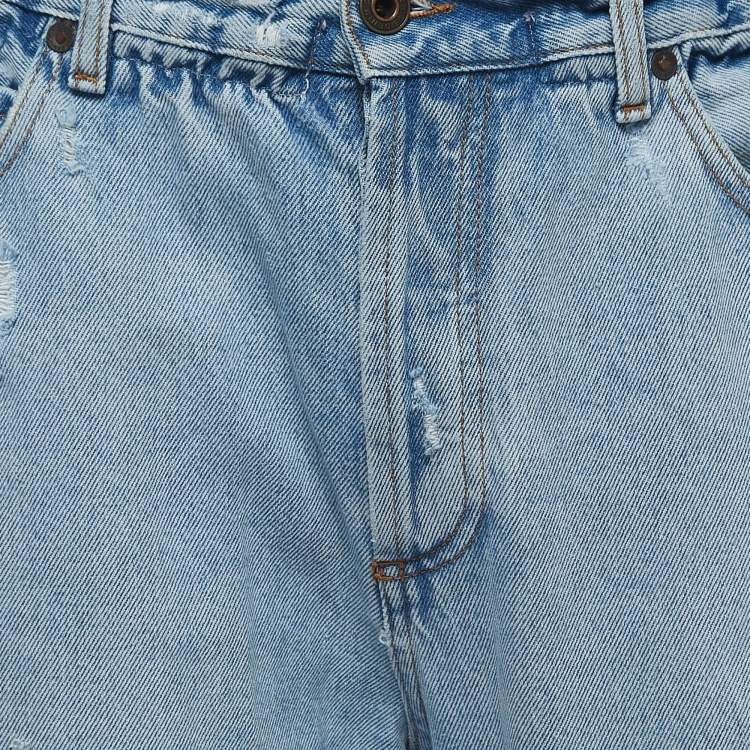 Pre Owned Off-White Light Blue Distressed Denim Buttoned Paperbag Waist Jeans M Waist 30"