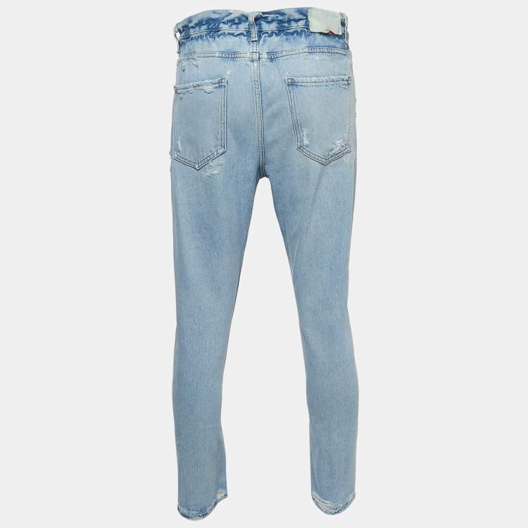 Pre Owned Off-White Light Blue Distressed Denim Buttoned Paperbag Waist Jeans M Waist 30"