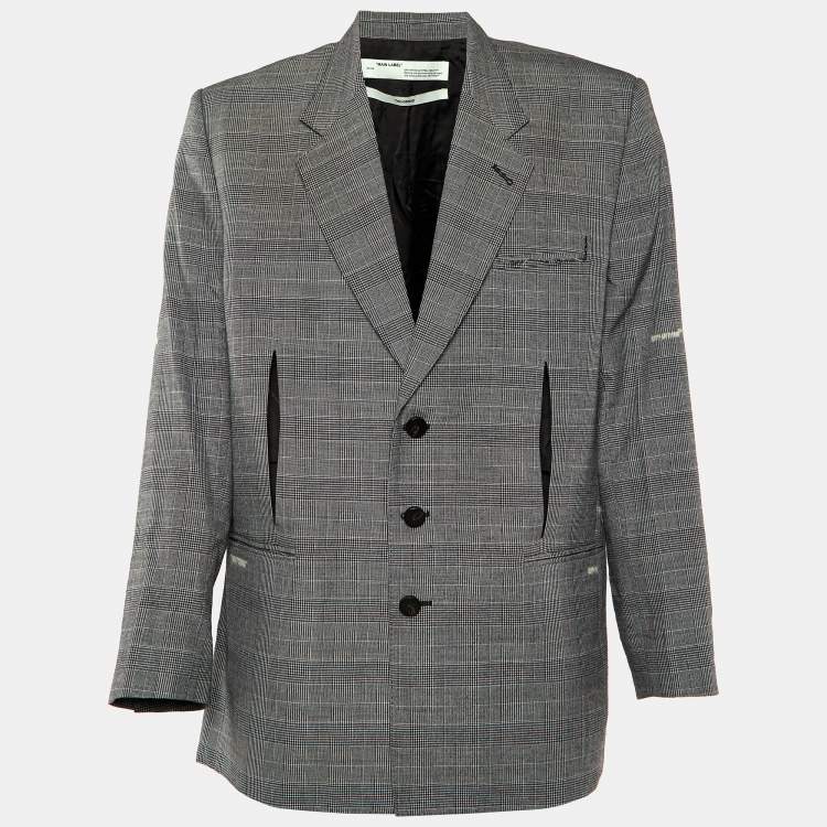 Pre Owned Off-White Black Checked Cotton & Wool Cut-Out Detail Oversized Jacket M