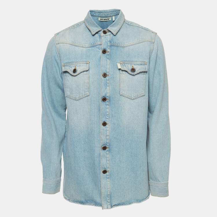 Pre Owned Off-White Blue Washed Print Denim Button Front Shirt M
