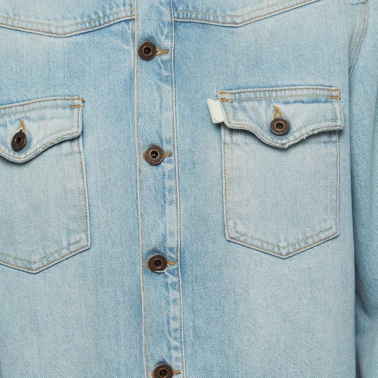 Pre Owned Off-White Blue Washed Print Denim Button Front Shirt M