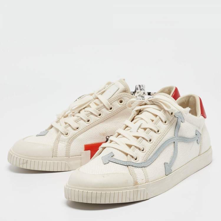 Pre Owned Off-White White/Red Canvas and Leather Vulcanised Sneakers Size 45