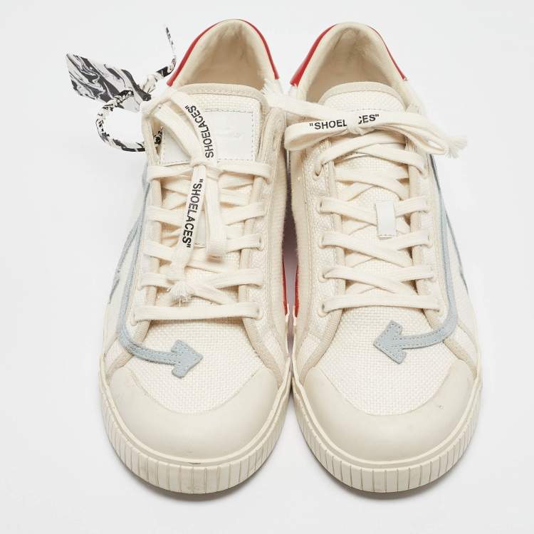 Pre Owned Off-White White/Red Canvas and Leather Vulcanised Sneakers Size 45