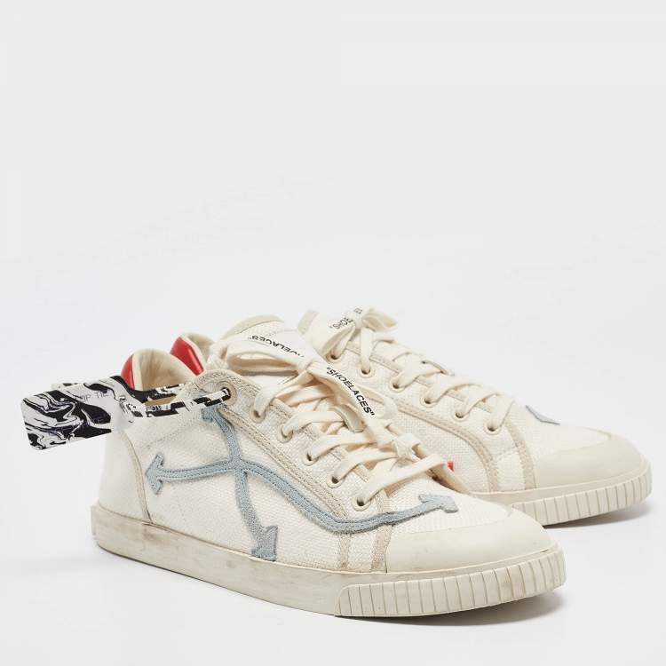 Pre Owned Off-White White/Red Canvas and Leather Vulcanised Sneakers Size 45