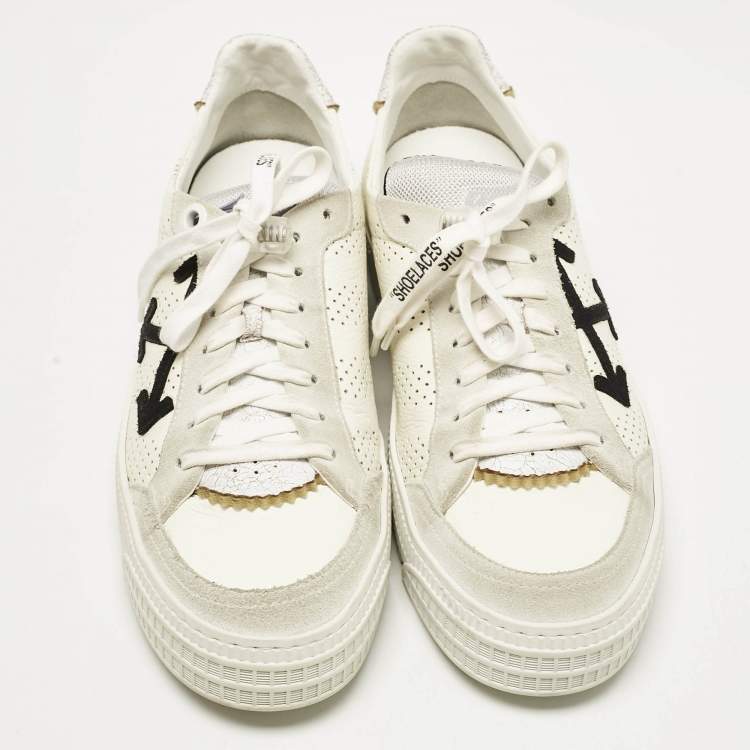 Pre Owned Off-White White/Grey Suede and Leather Vulcanized Low Top Sneakers Size 44