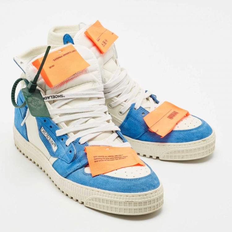 Pre Owned Off-White Blue/White Canvas and Leather 3.0 Off Court High Top Sneakers Size 45