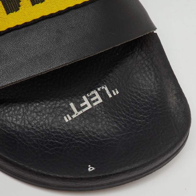 مملوكة مسبقًا صندل سلايد فلات أوف وايت جلد أسود قماش لوجو كبير صناعي مقاس 43