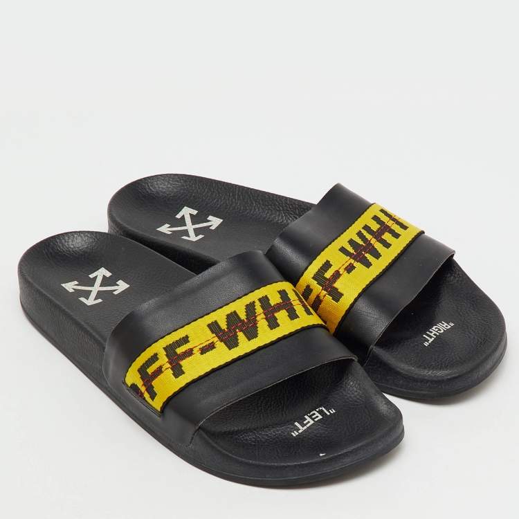 مملوكة مسبقًا صندل سلايد فلات أوف وايت جلد أسود قماش لوجو كبير صناعي مقاس 43
