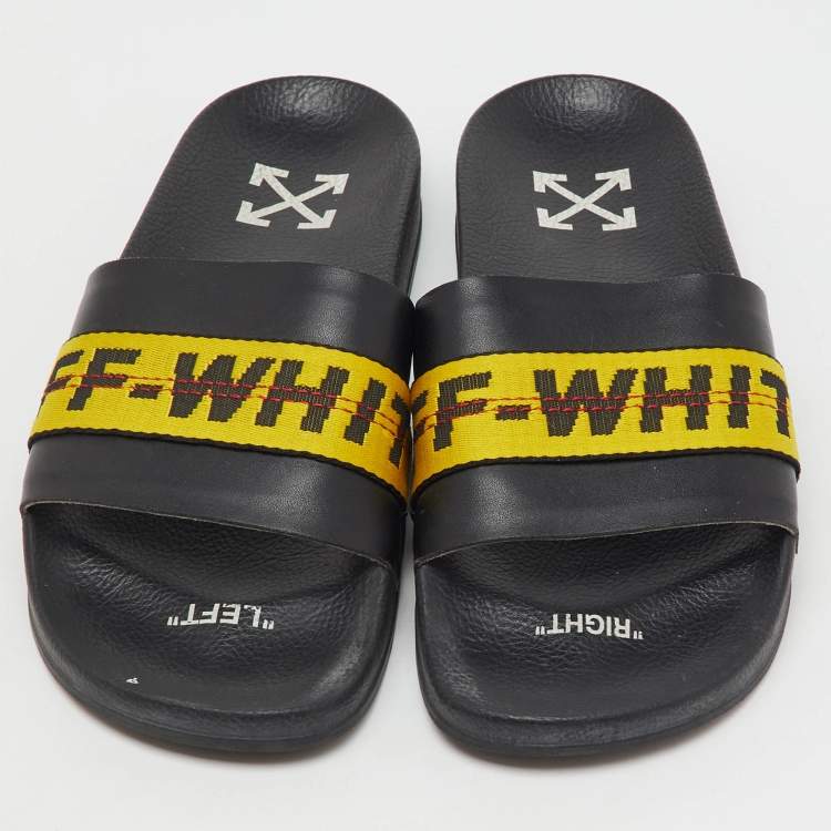 مملوكة مسبقًا صندل سلايد فلات أوف وايت جلد أسود قماش لوجو كبير صناعي مقاس 43
