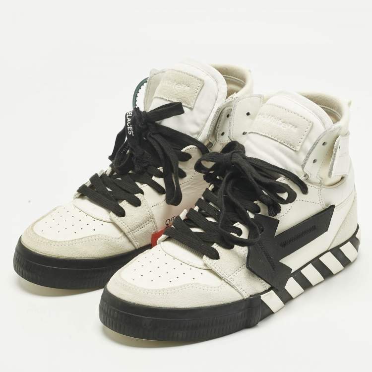 Pre Owned Off-White White/Black Canvas and Suede Vulcanized High Top Sneakers Size 41