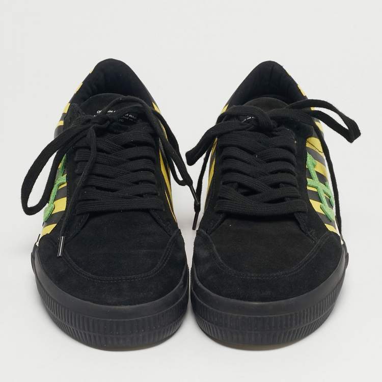 Pre Owned Off-White Black/Yellow Suede and Canvas Vulcanized Stripe Low Top Sneakers Size 43