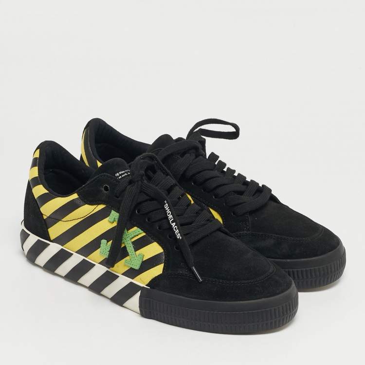 Pre Owned Off-White Black/Yellow Suede and Canvas Vulcanized Stripe Low Top Sneakers Size 43