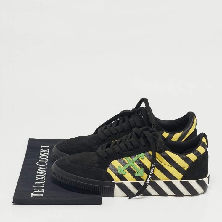 Pre Owned Off-White Black/Yellow Suede and Canvas Vulcanized Stripe Low Top Sneakers Size 43