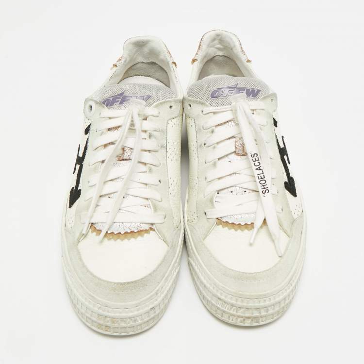 Pre Owned Off-White Vulcanized Size 41 White/Grey Leather and Suede Lace Up Sneakers