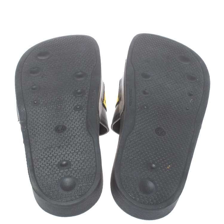 Pre Owned Off White Black/Yellow Leather And Canvas Slide Sandals Size 44