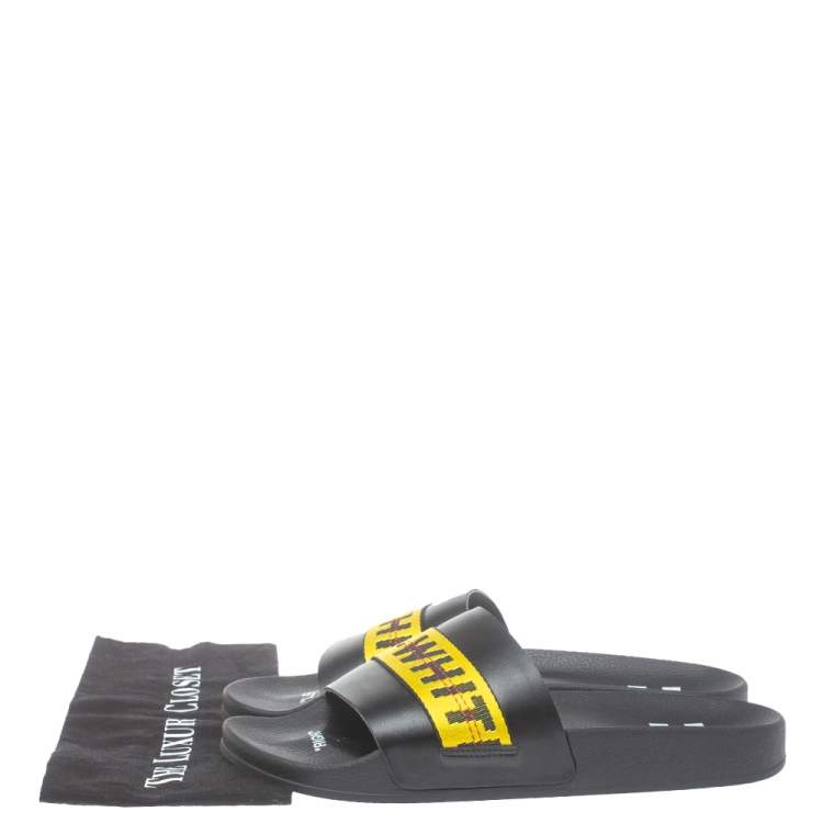 Pre Owned Off White Black/Yellow Leather And Canvas Slide Sandals Size 44