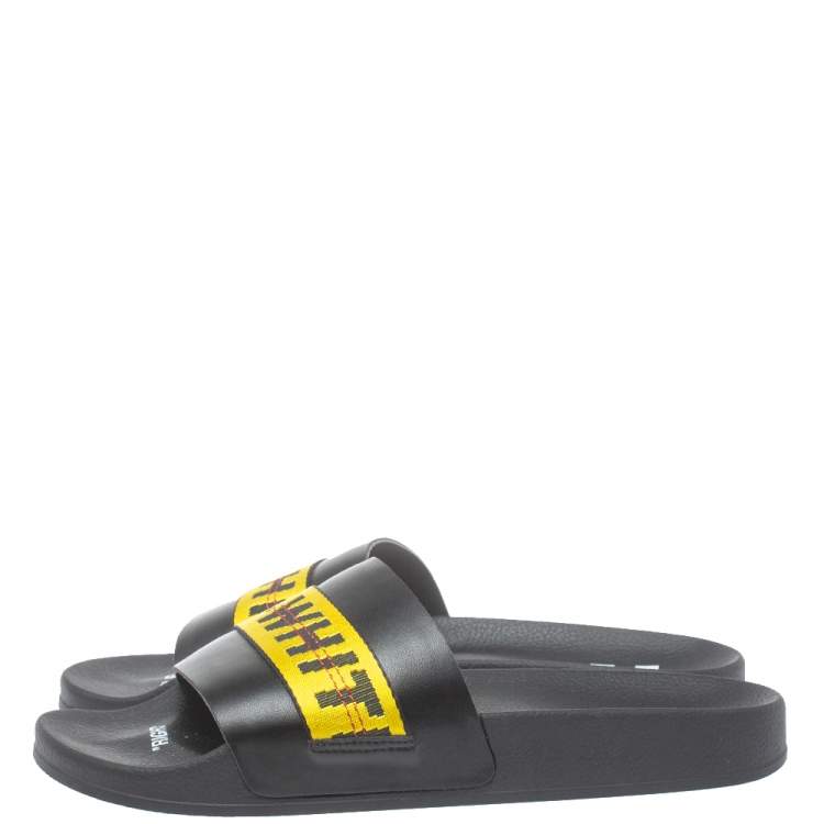 Pre Owned Off White Black/Yellow Leather And Canvas Slide Sandals Size 44